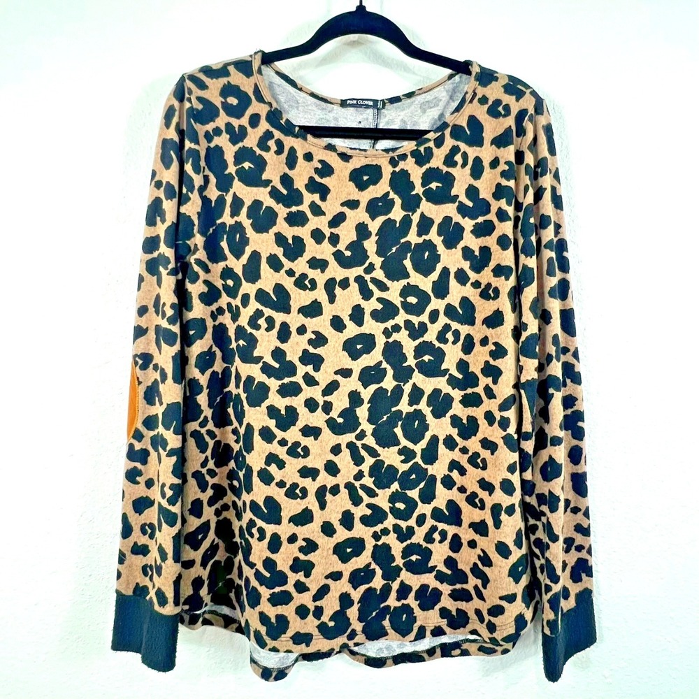 Pink Clover Leopard Print Top Back Button Elbow Patch Tan Black Womens XL